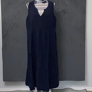 J Jill Dress Womens 1X Blue Maxi Sleeveless Tiered Linen Blend V-neck Pockets